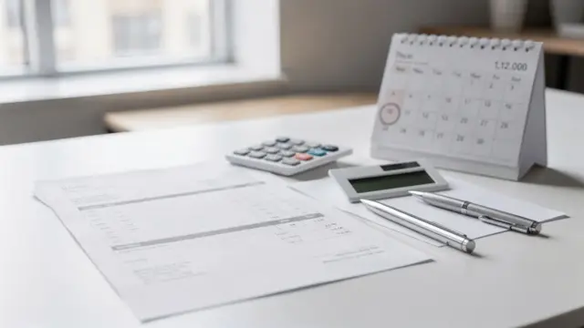 Rechnung mit Zahlungsziel, Kalender und Taschenrechner auf dem Schreibtisch