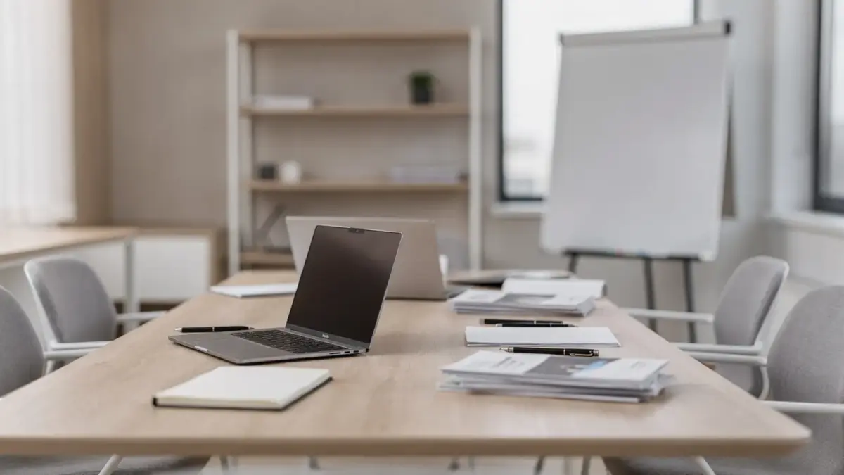 Weiterbildung in kleinen Unternehmen: Laptop, Notizblock und Schulungsunterlagen in einem kleinen Büro
