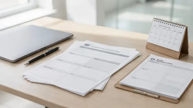 Vorlage für den Entwicklungsplan für Mitarbeiter auf einem Schreibtisch im Büro