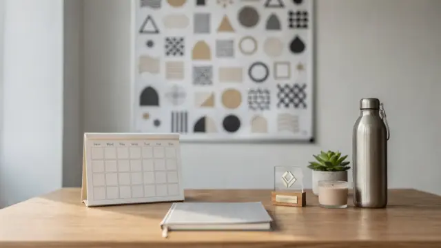Büro-Workspace mit Anerkennungsboard und Incentive-Objekten zum Thema Mitarbeiterbindung durch Anreize