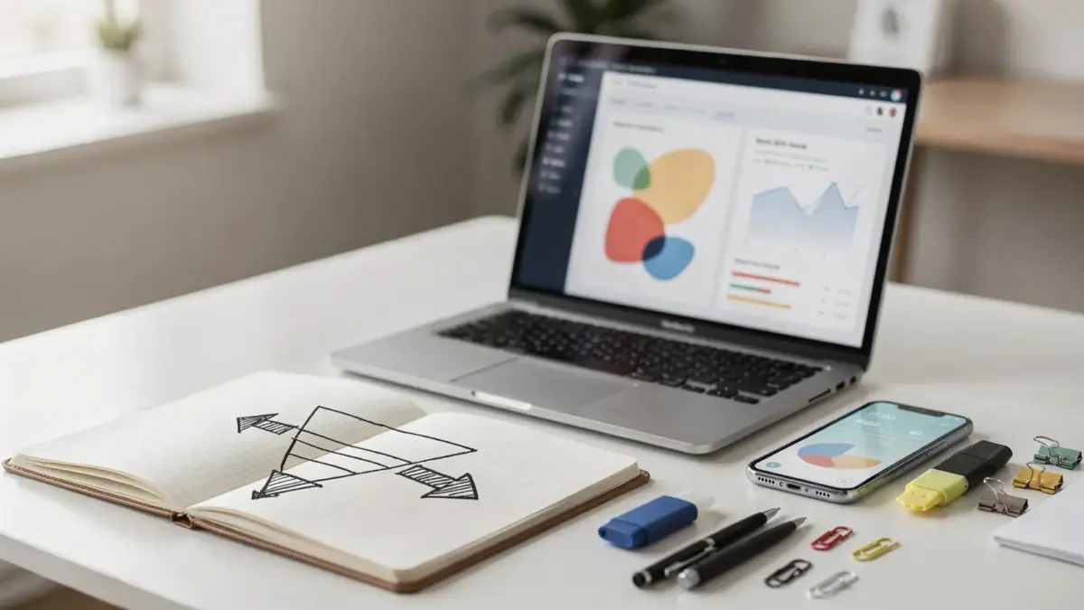 Vertriebsprozess aufbauen: Laptop, Notizbuch und Verkaufsfunnel-Diagramm im Büro