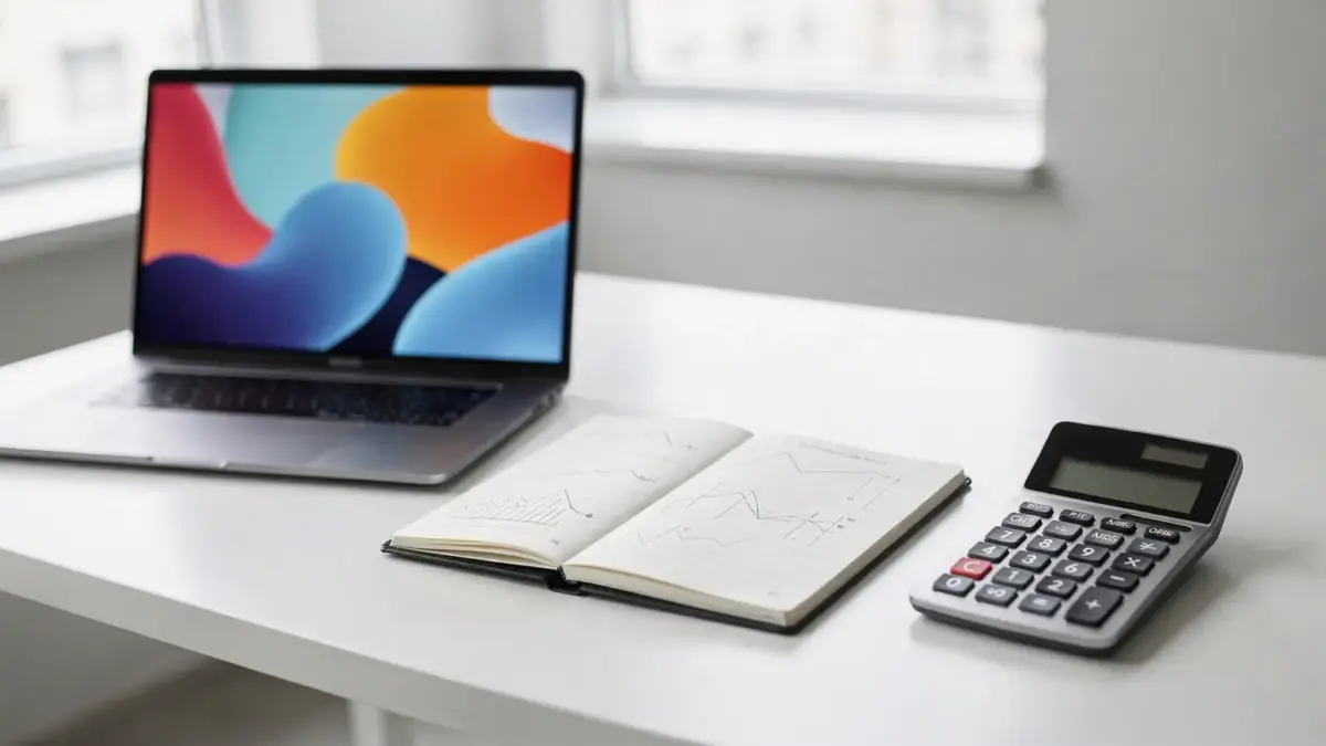 Vertriebs-Workspace mit Laptop, KPI-Notizen und Rechner zum Thema Abschlussquote steigern