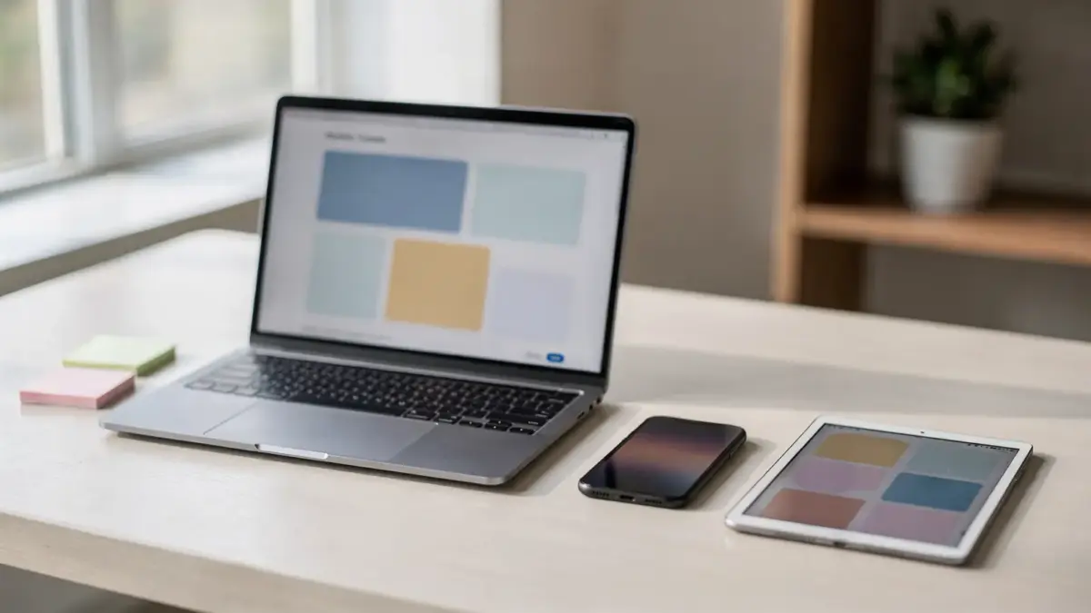 No-Code-Tools für kleine Unternehmen: Laptop mit Drag-and-Drop-Oberfläche im Büro