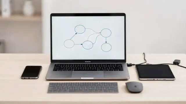 Workflow-Automation mit Laptop, Smartphone und Tablet auf einem modernen Schreibtisch