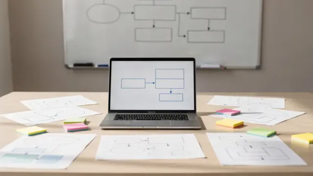 Team dokumentiert digitale Abläufe mit Workflow-Diagramm, Notizen und Whiteboard