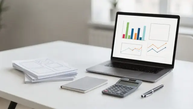 Ordentlicher Schreibtisch mit Laptop, Planungsunterlagen und Taschenrechner zum Thema Businessplan-Fehler