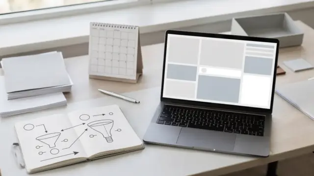 Vertriebsprozess aufbauen: Laptop, Kalender und Notizen für planbaren Verkauf in kleinen Unternehmen