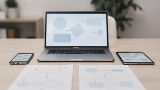 Büro-Setup für Prozessautomatisierung mit Laptop, Tablet und Smartphone