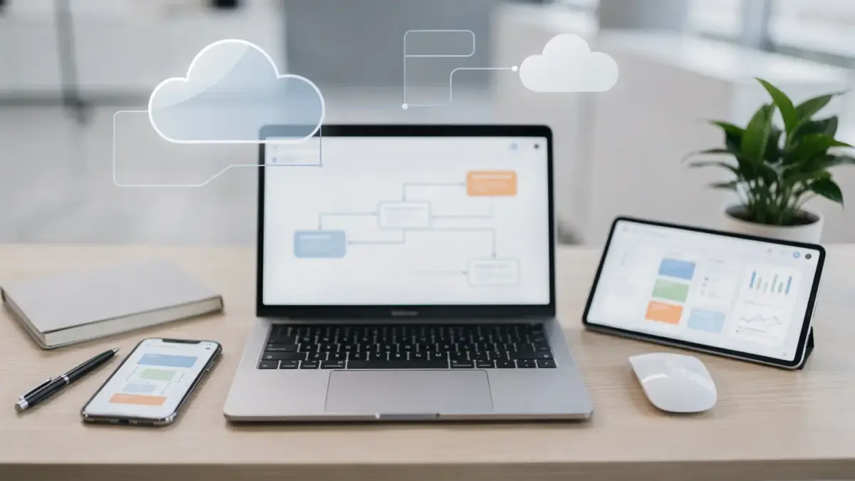Workflow-Automation mit Laptop, Smartphone und verbundenen App-Symbolen auf einem aufgeräumten Schreibtisch