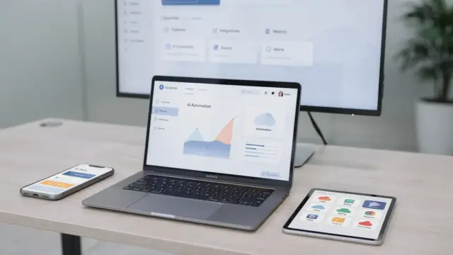 Büro-Workspace mit Laptop und Tablet zu KI-Tools für Unternehmen