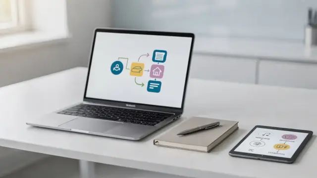 Prozessdokumentation im Büro: Laptop, Notizbuch und Tablet zur digitalen Nachvollziehbarkeit von Abläufen