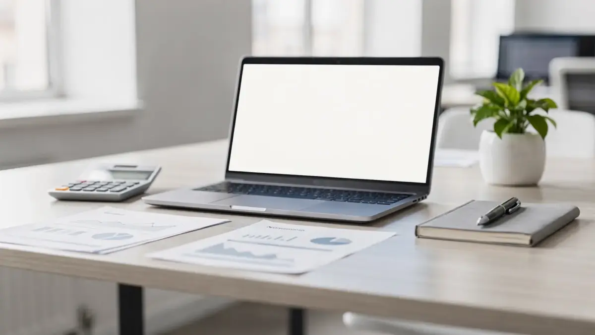 Gründerförderung: Schreibtisch mit Laptop, Businessplan und Taschenrechner in modernem Büro