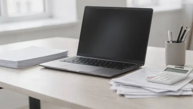 Vermögensschadenhaftpflicht: Unterlagen, Taschenrechner und Laptop auf einem Büroarbeitsplatz