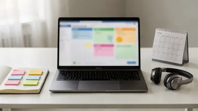 Teamorganisation Tools auf einem Schreibtisch mit Laptop, Notizen und Kalender für kleine Teams