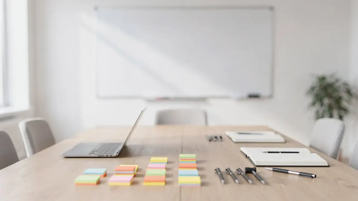 Teamziele und Prioritäten klar festlegen: Meetingraum mit Whiteboard, Notizen, Laptop und Unterlagen