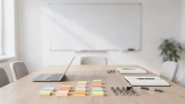 Teamziele und Prioritäten klar festlegen: Meetingraum mit Whiteboard, Notizen, Laptop und Unterlagen