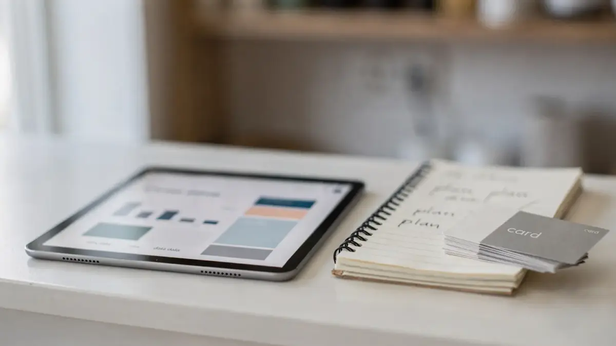 Kundenbindung in kleinen Unternehmen: Tablet, Notizbuch und Kundenkarten auf einer Ladentheke