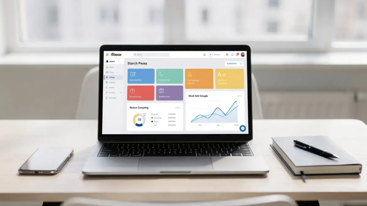 Laptop mit CRM-Dashboard auf einem Schreibtisch im kleinen Unternehmen