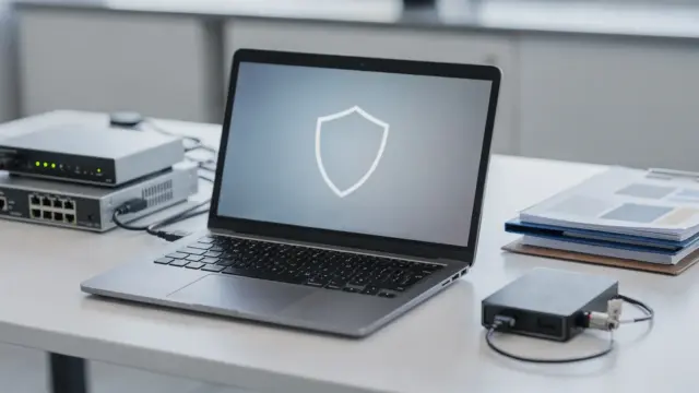 Büro-Workspace mit Laptop, Netzwerktechnik und Schloss als Symbol für IT-Sicherheit im Unternehmen