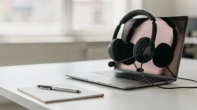 Kundenservice verbessern: moderner Arbeitsplatz mit Headset, Laptop und Notizblock im Büro
