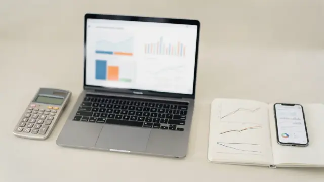 Desk mit Laptop, Rechner und Diagrammen zum Thema Conversion Rate berechnen im Vertrieb