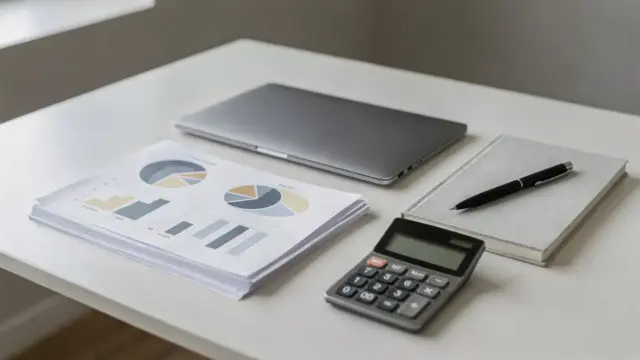 Businessplan-Arbeitsplatz mit Laptop, Charts und Notizbuch in neutralem Büro
