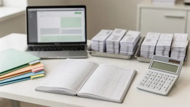 Ordentliches Buchhaltungsbüro im kleinen Unternehmen mit Ordnern, Belegen, Taschenrechner und Laptop