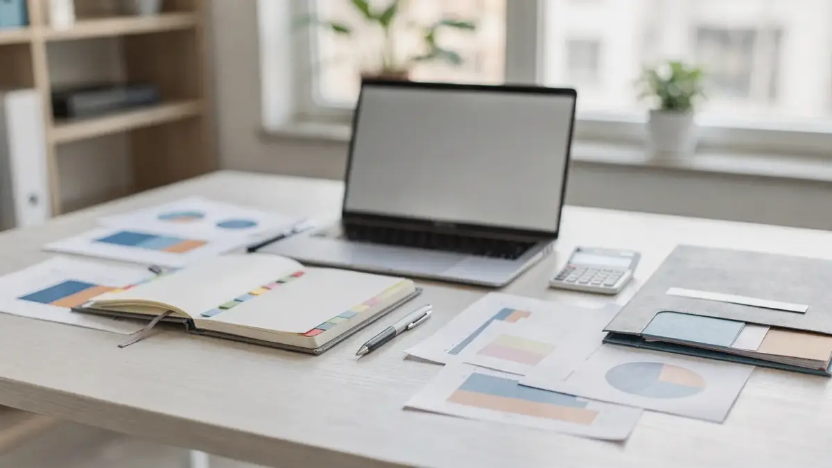 Ordentlicher Schreibtisch mit Laptop, Notizbuch, Diagrammen und Ordner zum Thema Businessplan-Bestandteile