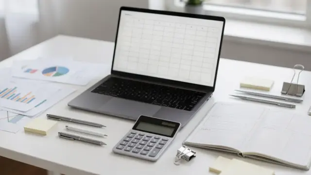 Schreibtisch mit Laptop, Charts und Notizbuch zum Thema Businessplan für die Existenzgründung