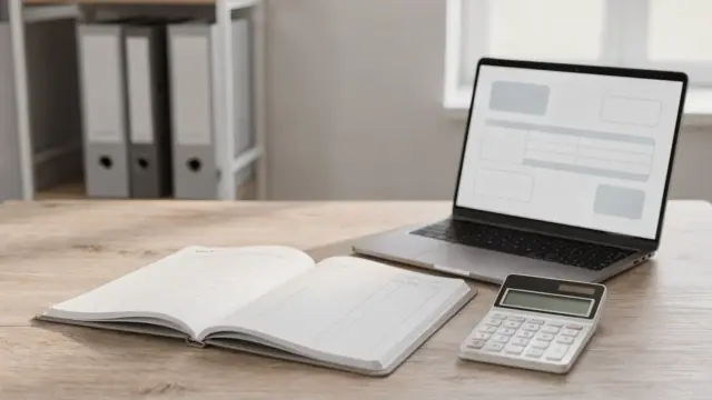 Buchhaltungsdesk zur Kleinunternehmerregelung mit Ledger, Rechner und Laptop ohne Umsatzsteuer