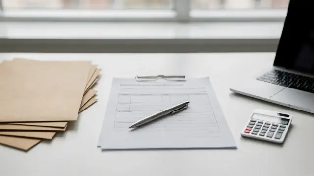Gründungsunterlagen auf einem Schreibtisch mit Formularen, Ordnern, Laptop und Stift