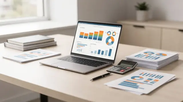Liquiditätsplanung im Businessplan auf Schreibtisch mit Laptop, Kalkulator und Diagrammen
