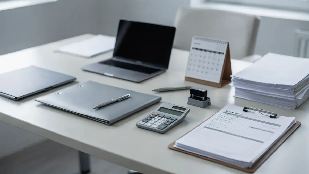 Büroarbeitsplatz mit Unterlagen nach der Gewerbeanmeldung und Kalender als Symbol für Pflichten und Fristen