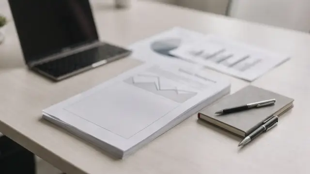 Businessplan für Investoren auf dem Schreibtisch mit Laptop, Charts und Notizbuch