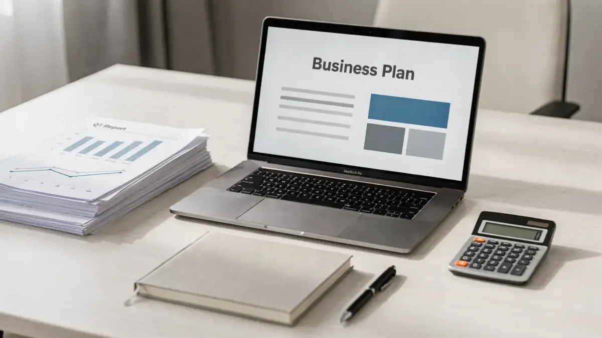 Businessplan aktualisieren auf einem Schreibtisch mit Laptop, Diagrammen, Notizbuch und Taschenrechner