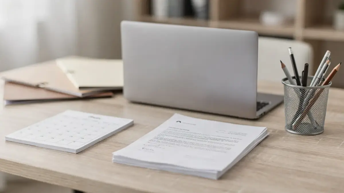 Bürodesk mit Unterlagen und Laptop zu Meldungen nach der Gewerbeanmeldung