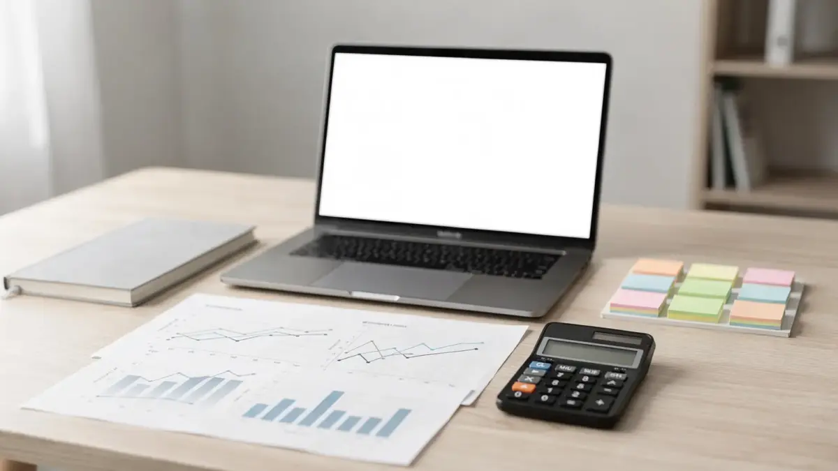 Marktanalyse für die Gründung: Laptop, Marktcharts und Notizen auf einem Schreibtisch