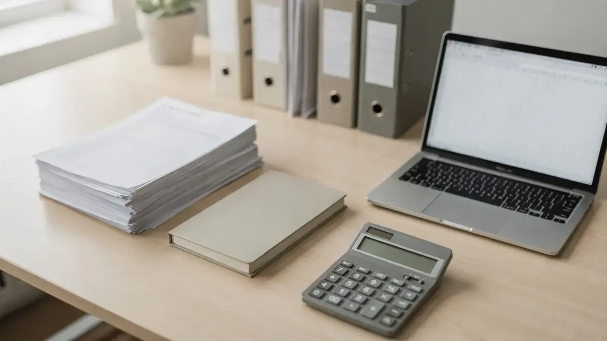 Buchführungspflichten für Unternehmen: Büro mit Belegen, Taschenrechner und Buchhaltungsunterlagen