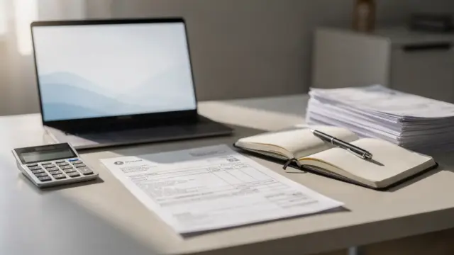 Arbeitsplatz mit Laptop, Rechner und Unterlagen zum Thema Mikrokredit für Selbstständige