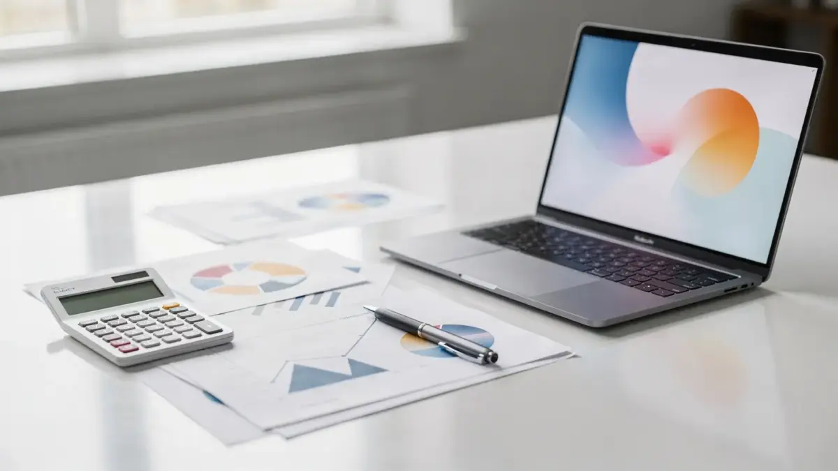 Unterlagen zu Mezzanine-Kapital für Unternehmen auf einem modernen Schreibtisch mit Laptop und Taschenrechner