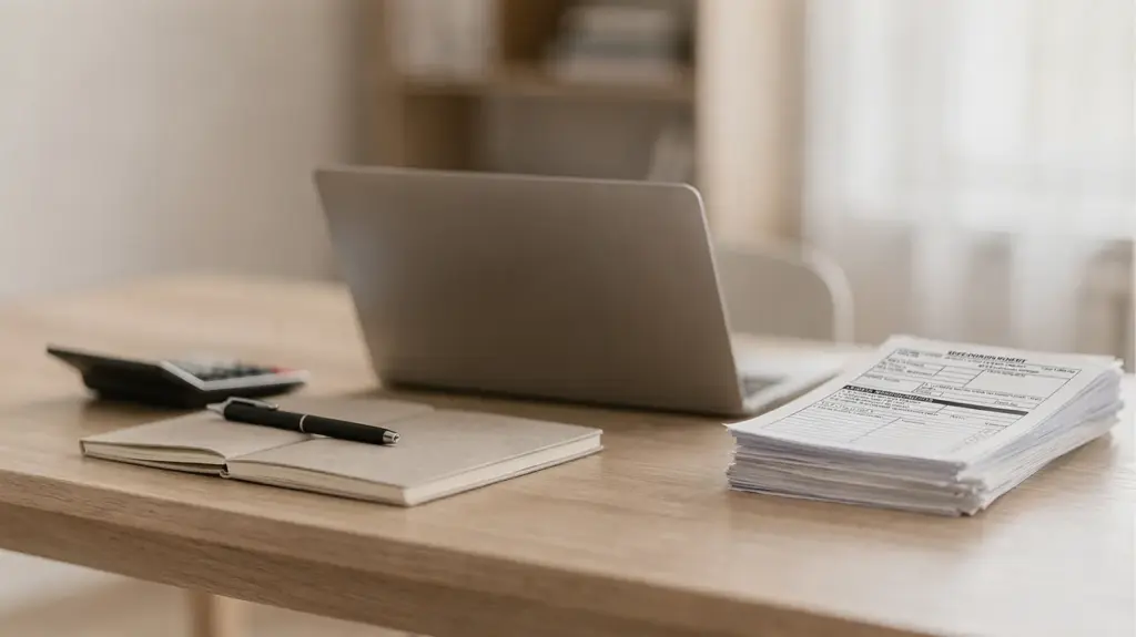 Homeoffice mit Unterlagen zur Gewerbeanmeldung und Steuerberatung