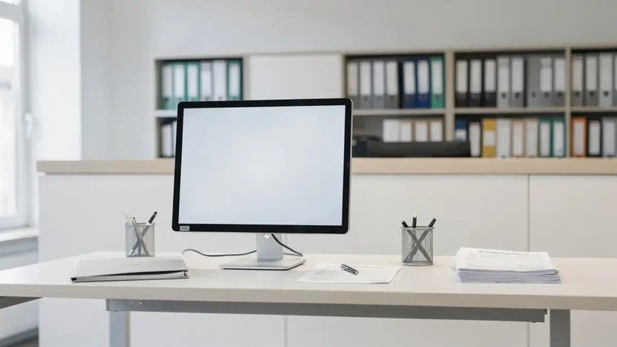 Gewerbeanmeldung im Rathaus: Schreibtisch mit Formularen und Stempel in der zuständigen Behörde