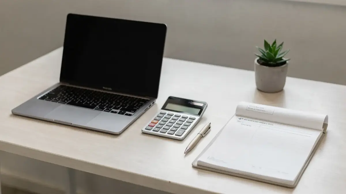 Bürodesk mit Laptop, Taschenrechner und Unterlagen zu Kreditarten für Selbstständige