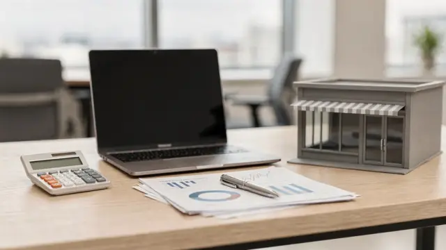 Unternehmerkredit für Kleinfirmen mit Laptop, Taschenrechner und Finanzunterlagen auf dem Schreibtisch