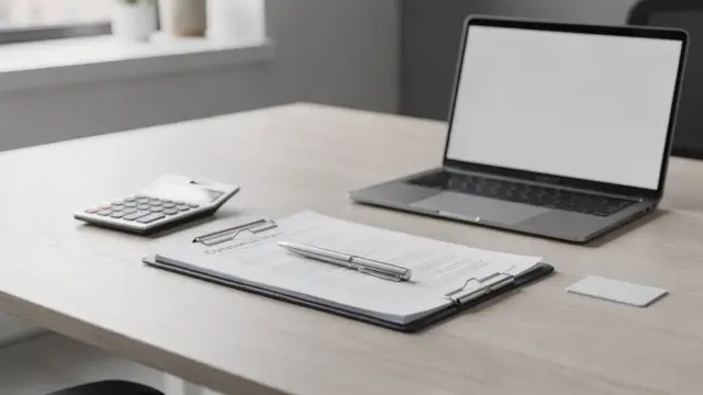 Gewerbemietvertrag auf einem Bürotisch mit Unterlagen, Stift, Taschenrechner und Laptop