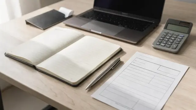Arbeitsplatz mit Laptop, Taschenrechner und Unterlagen zur Gründung eines Einzelunternehmens