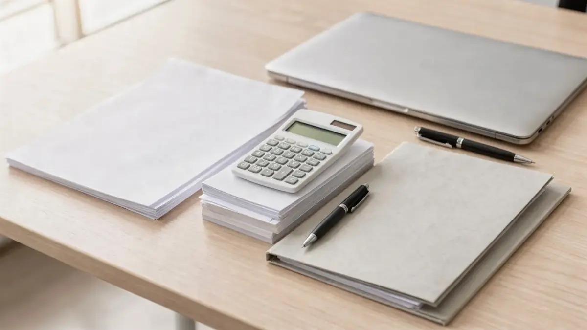 Büro-Desk mit Unterlagen, Taschenrechner und Laptop zum Thema Gewerbe oder Freiberufler