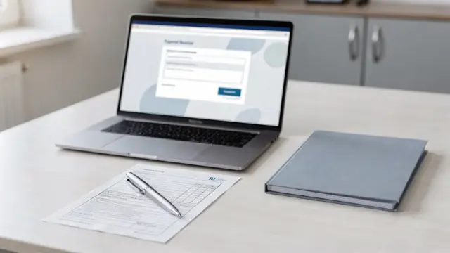 Laptop mit Online-Formular zur Gewerbeanmeldung auf einem Behörden-Schreibtisch