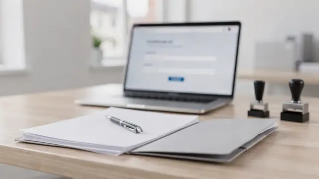 Gewerbeanmeldung für ein Einzelunternehmen auf einem Schreibtisch mit Formularen und Laptop