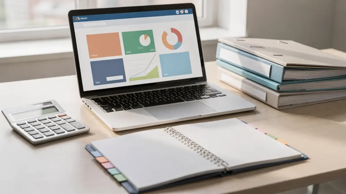 Buchhaltungs-Setup für ein kleines Unternehmen mit Laptop, Taschenrechner und Kontenrahmen-Unterlagen